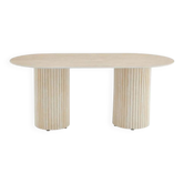 Keysha designer dining table with a glossy travertine ceramic top.