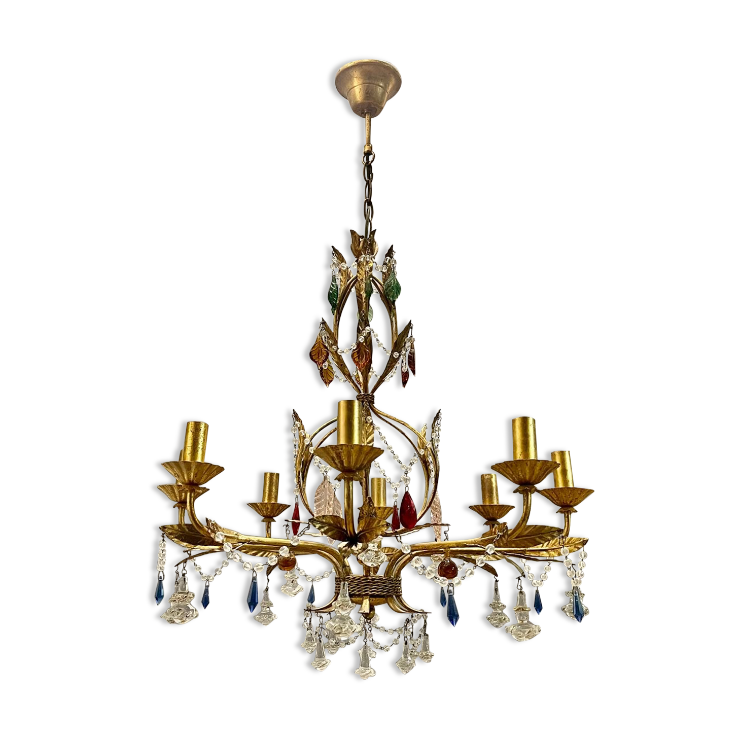 Italian Florentine Gold Gilded Murano Glass Chandelier