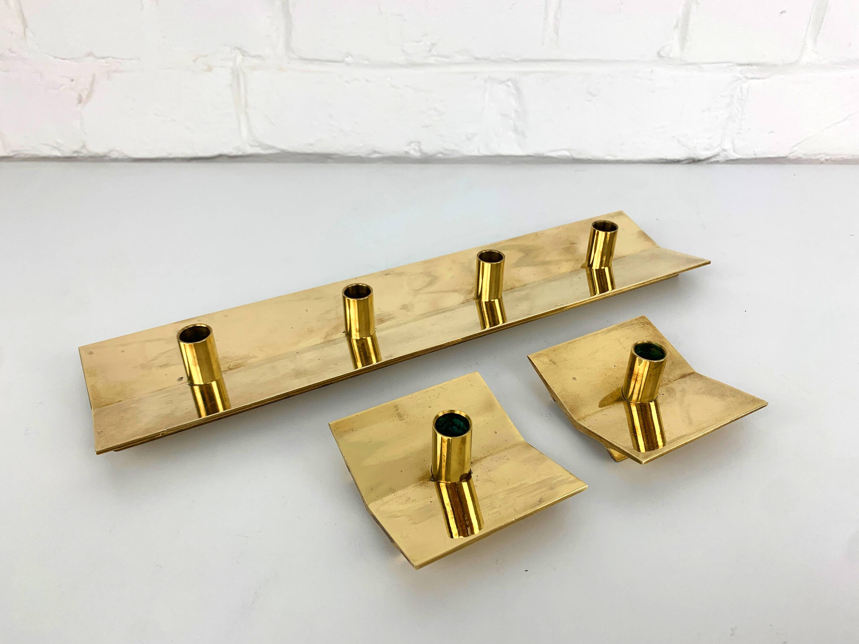 3 Scandinavian brass candlesticks, Pierre Forssell, Skultuna, Sweden, 1960s