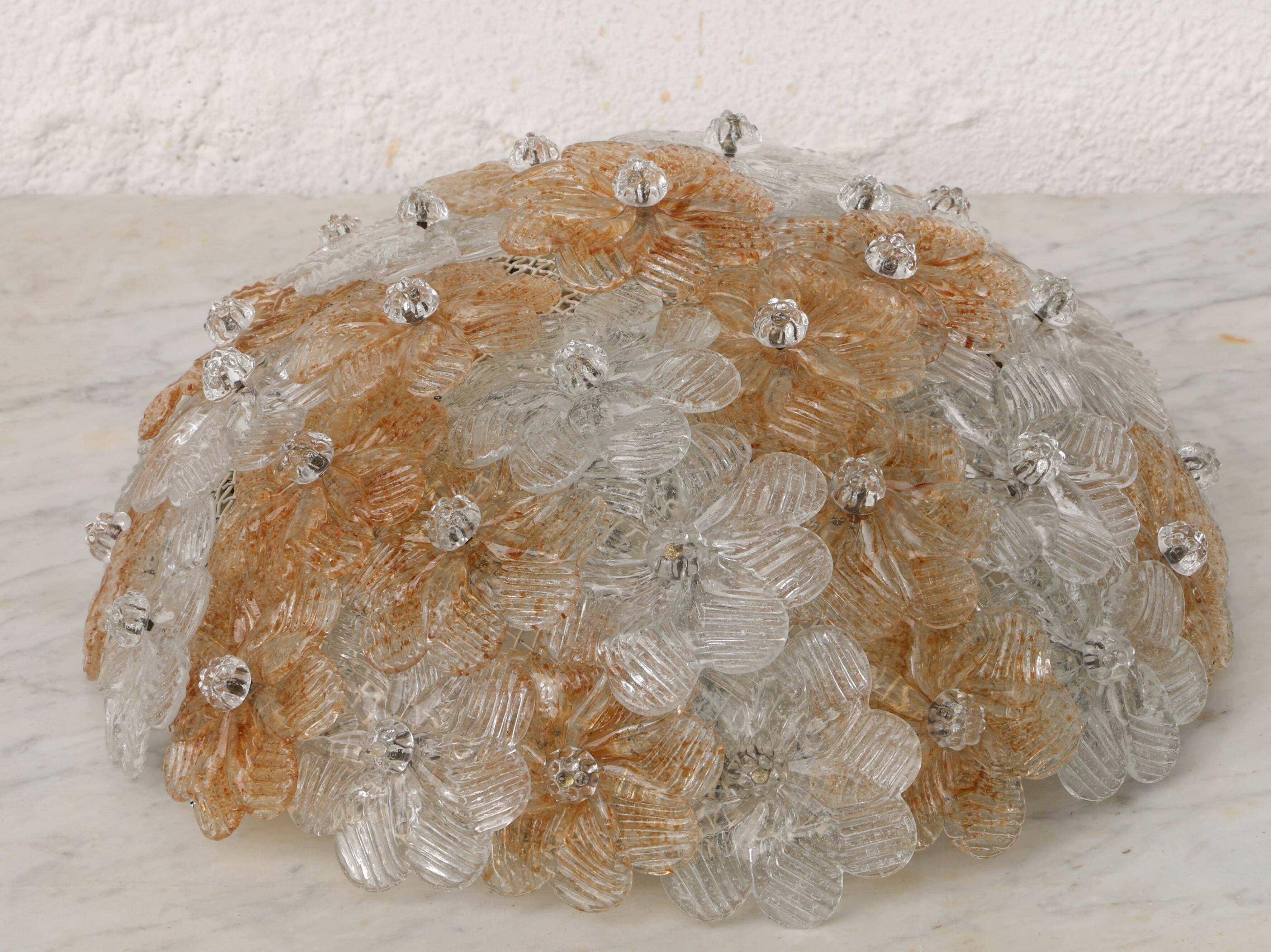 Wonderful Orange and Transparent Murano Glass Ceiling Light Flower by Seguso