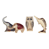 Animaux en lucite d'Abraham Palatnik : éléphant, poisson-sabre, hibou.
