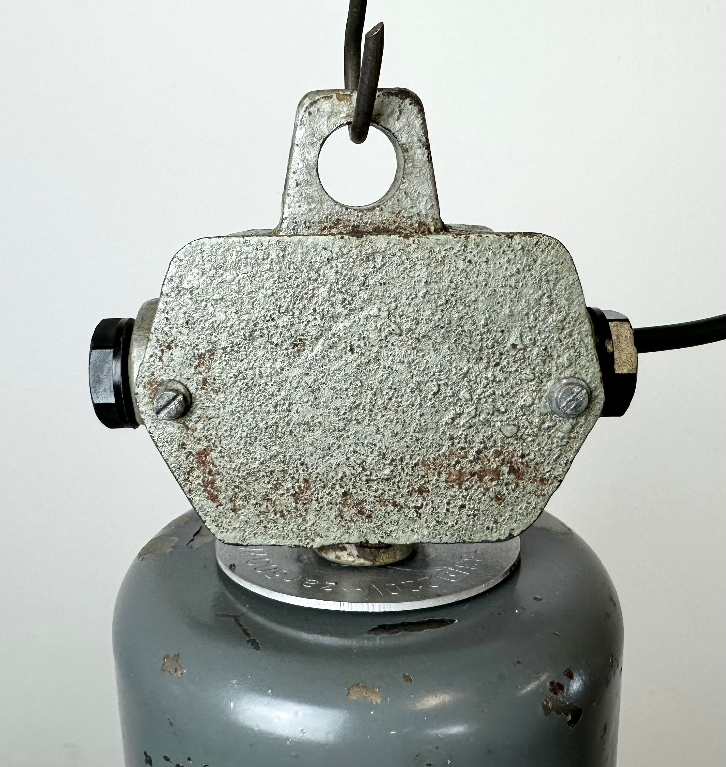 Grey industrial aluminium pendant lamp from polam wilkasy, 1960s