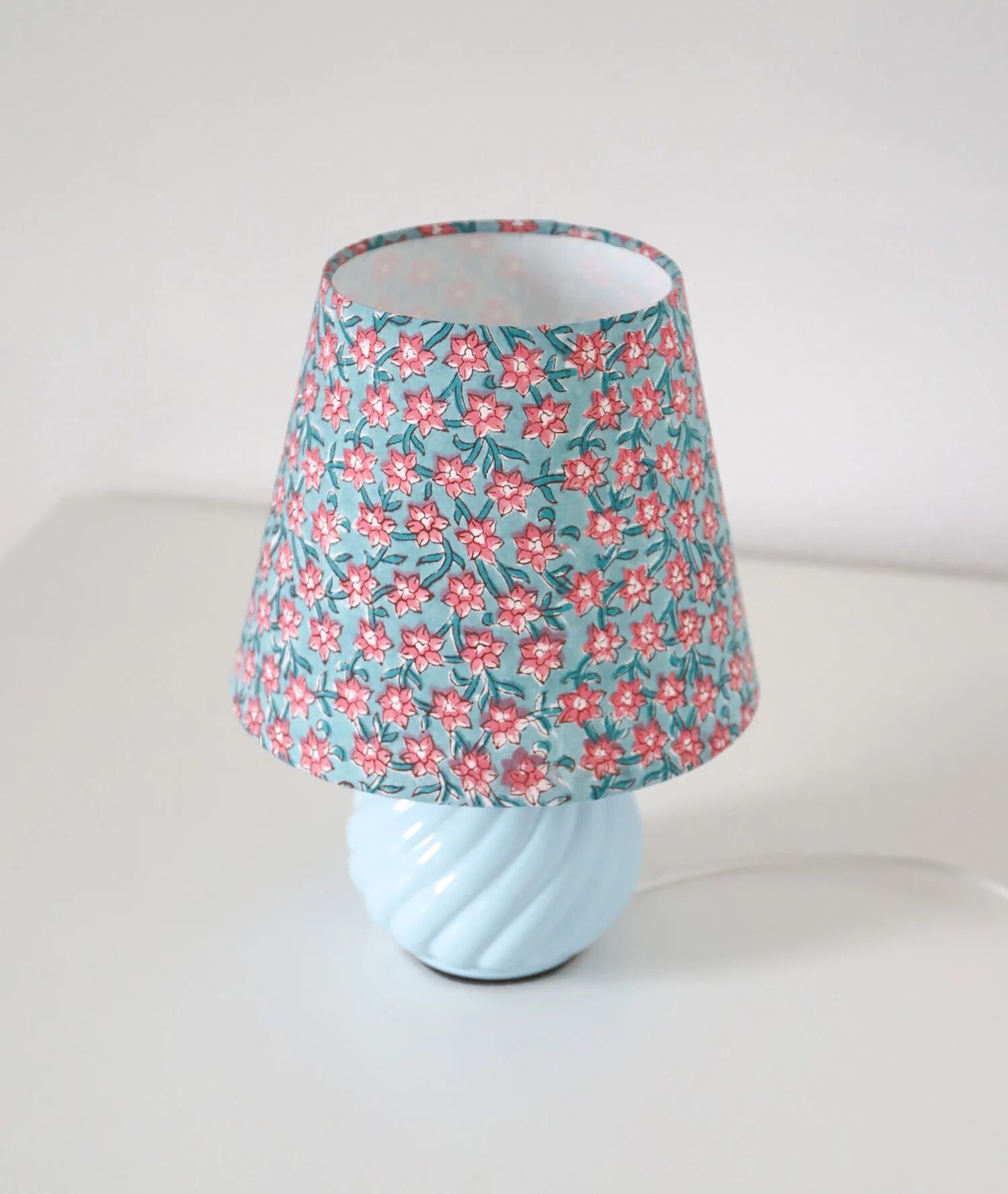 Recycled vintage lamp — twisted blue ceramic base, floral shade