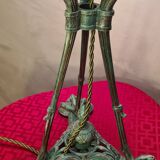 Antique patinated bronze regulator lamp with Tiffany glass shade in very good condition