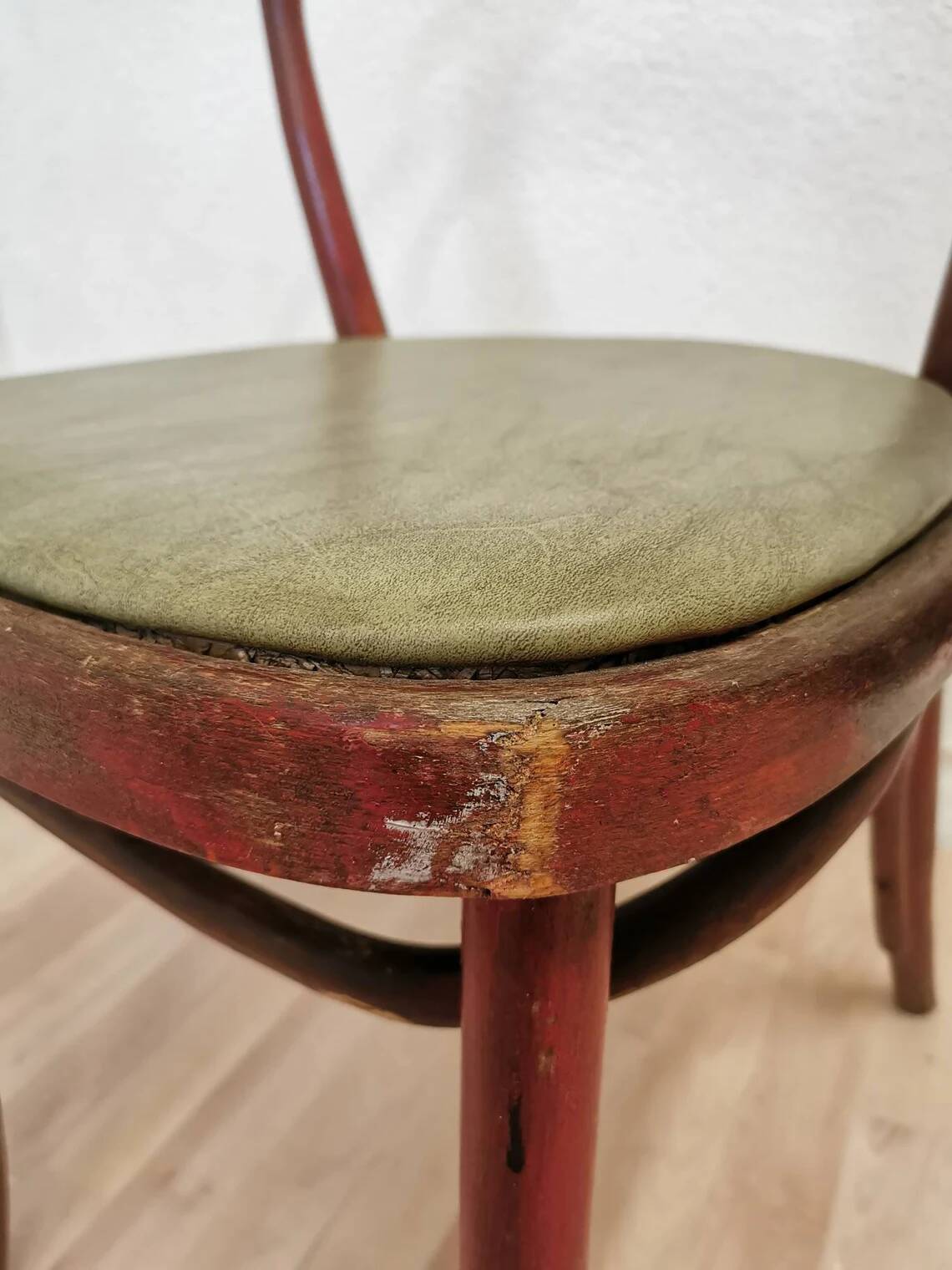 Vintage Bentwood Dining Chair: Red Thonet B9 Style, Leather Seat