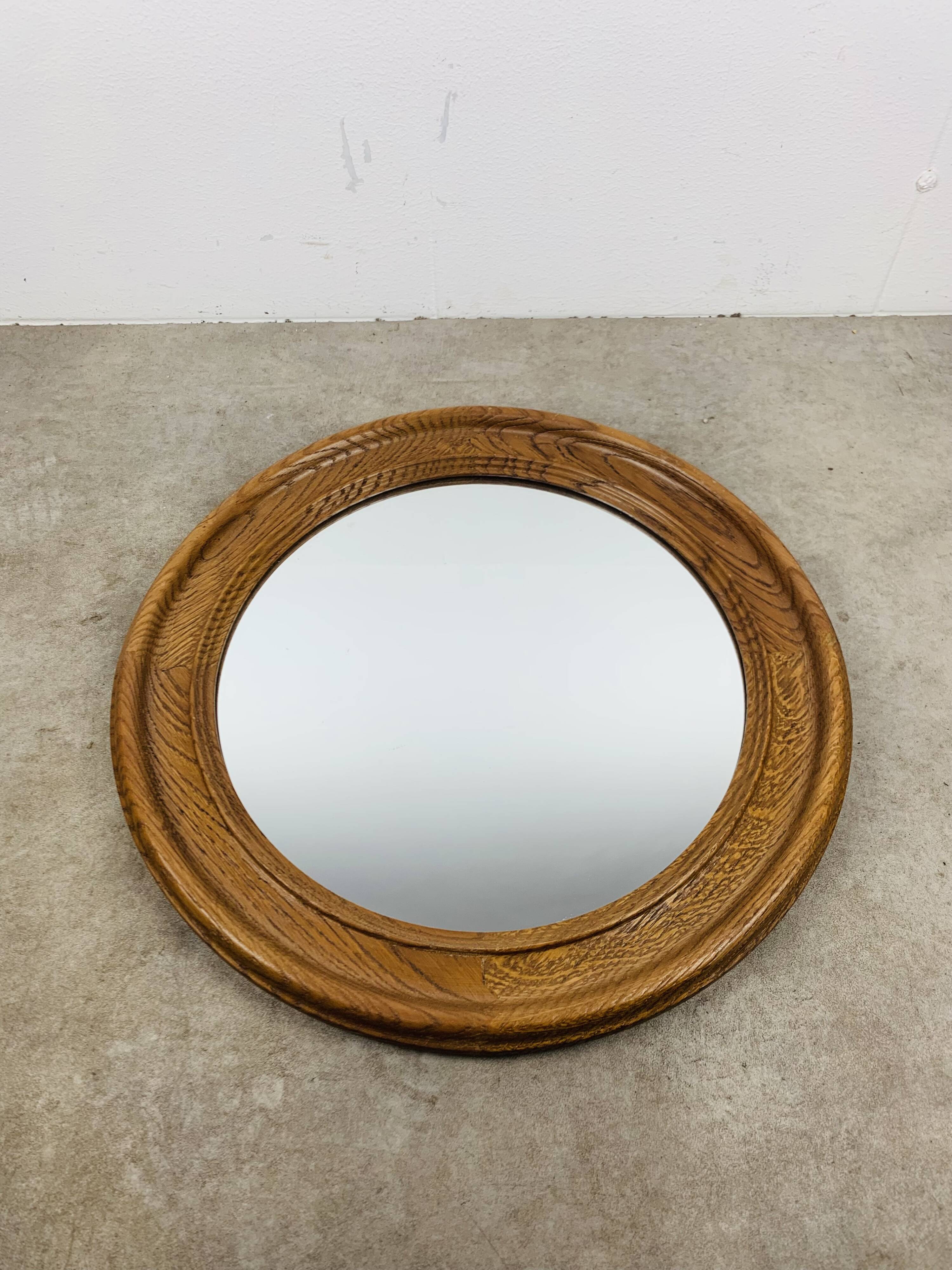 Round mirror with oak frame, vintage