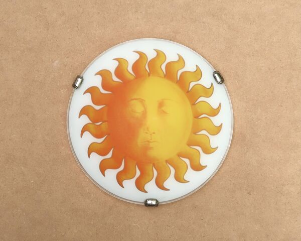 Applique murale ou plafonnier rond, soleil jaune verre opaque, années 80