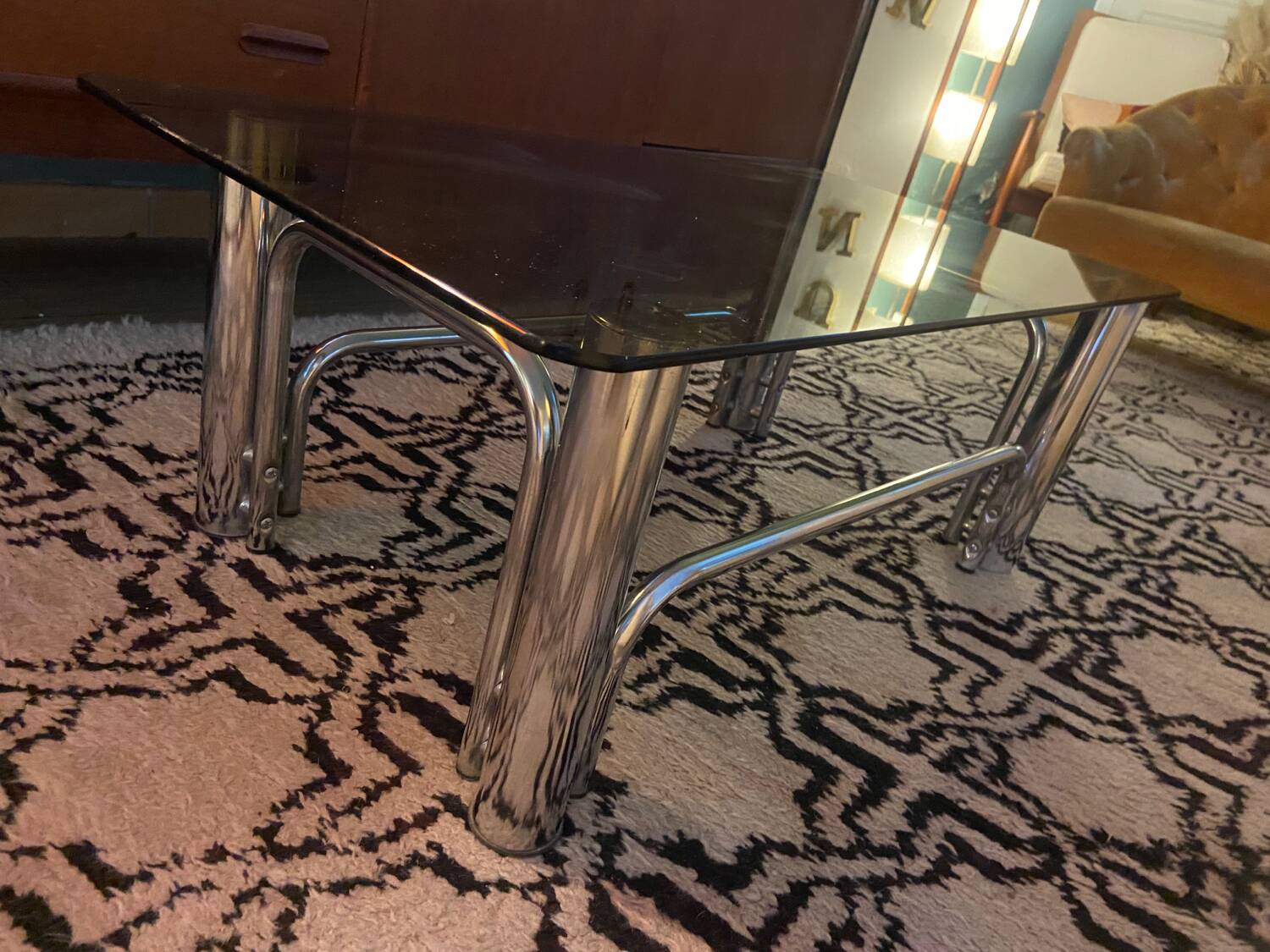 Coffee table in metal and smoked glass from the 70s
