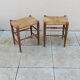 Pair of vintage wooden and straw stools from the 1950s, rectangular.
