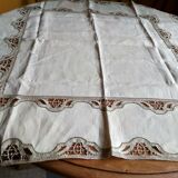Old square tablecloth in bis mixed linen and 6 matching placemats