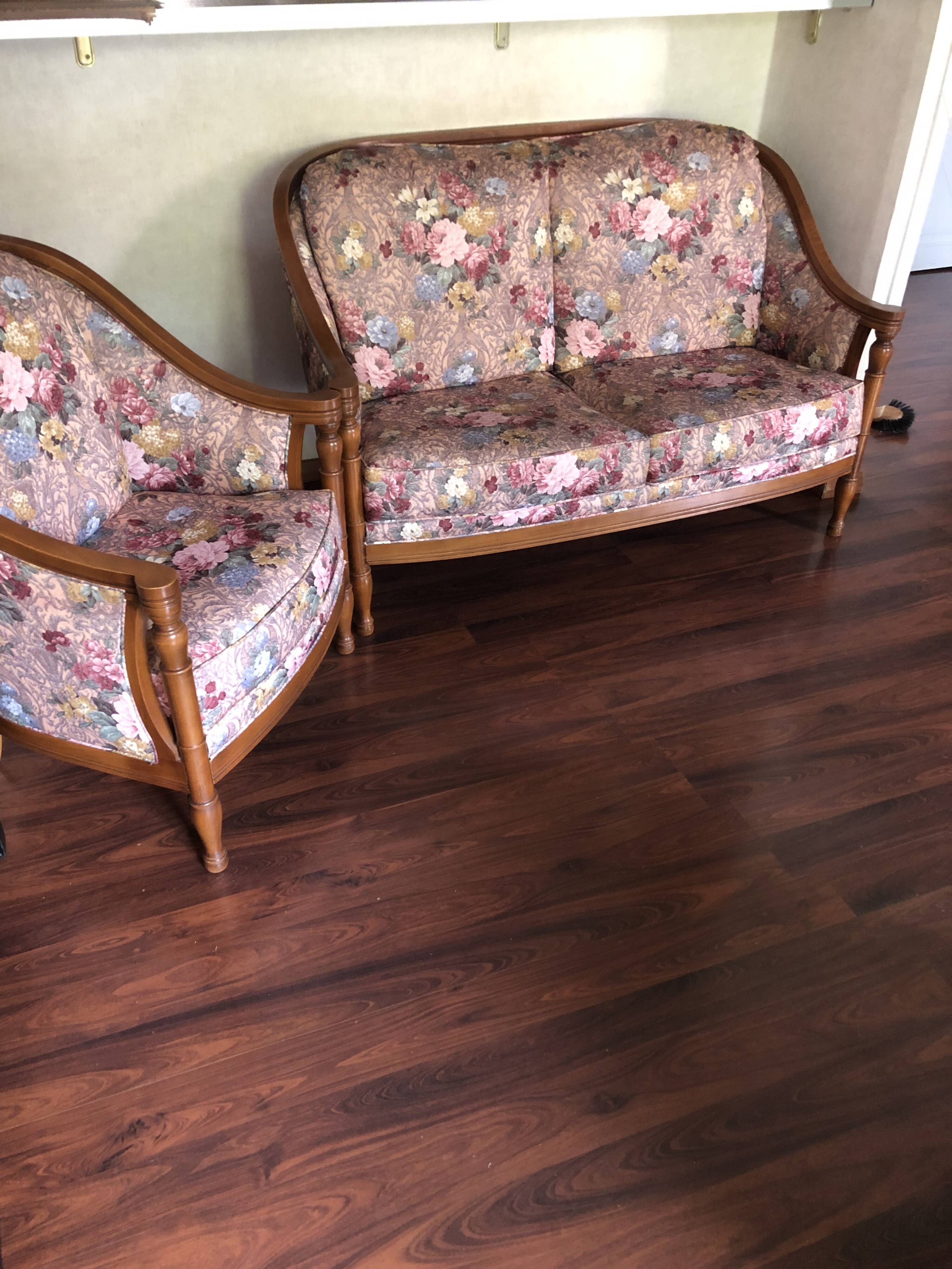Lot of vintage sofa and armchair with floral patterns.