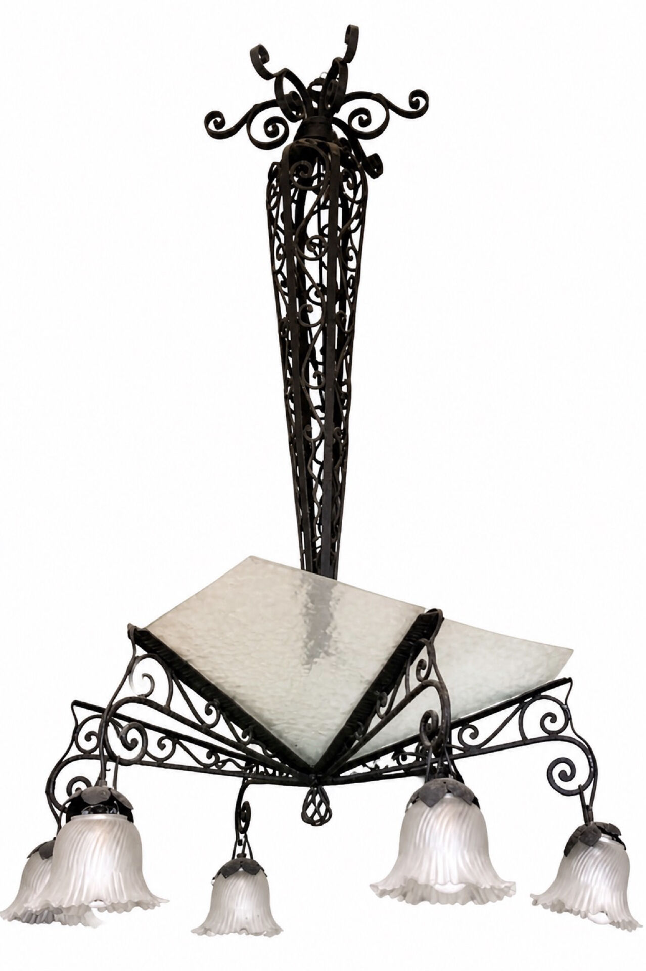 Lustre Art Déco fer forgé — vasque verre martelé & 6 tulipes givré