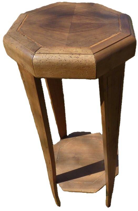 Large octagonal Art Deco marquetry stand. Spacer shelf-Wood fillet decorations 20