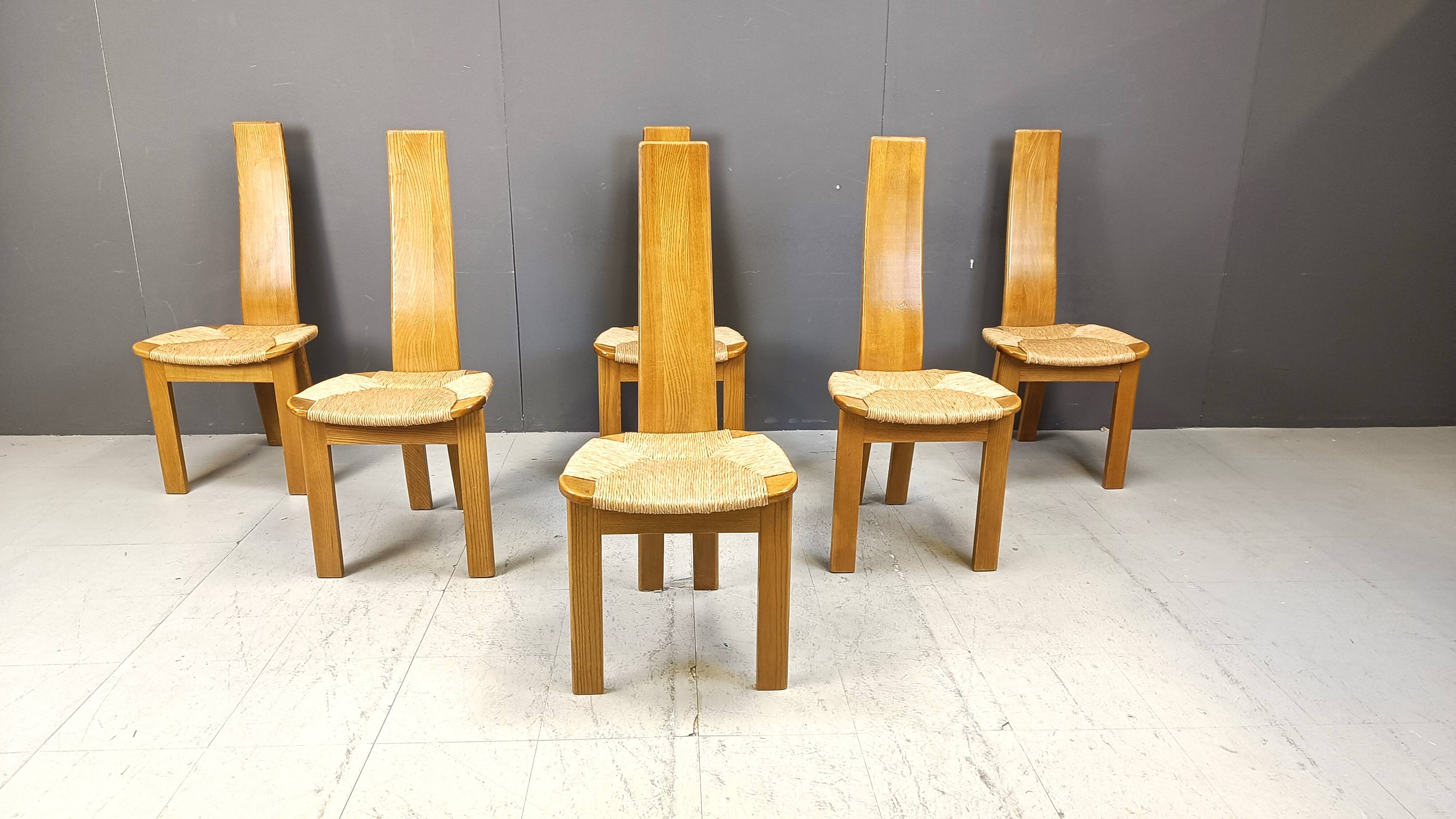 Vintage hich back wicker dining chairs, set of 6 - 1960s