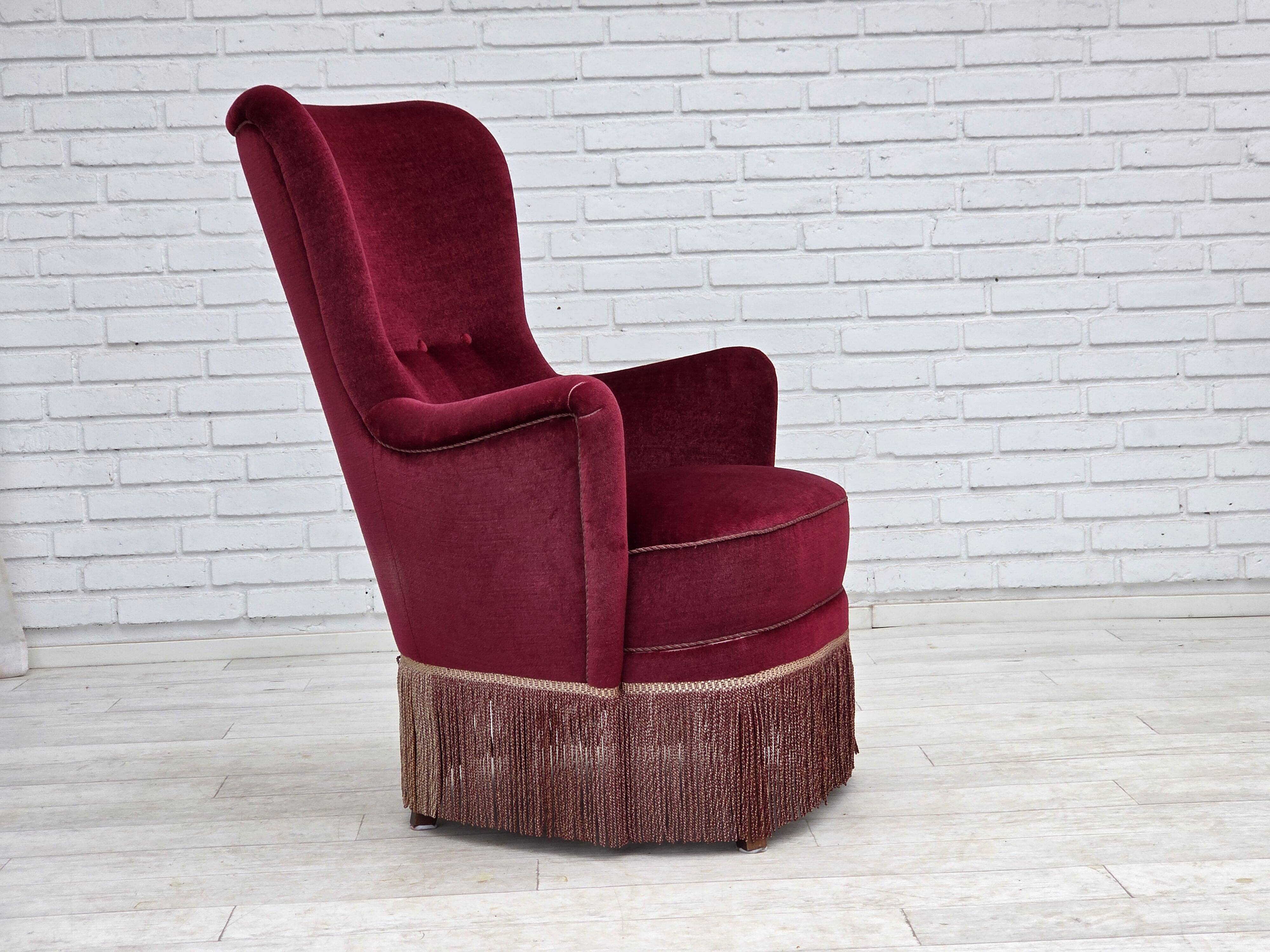 1970s, Danish highback armchair, red furniture velour, beech wood.