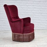 1970s, Danish highback armchair, red furniture velour, beech wood.