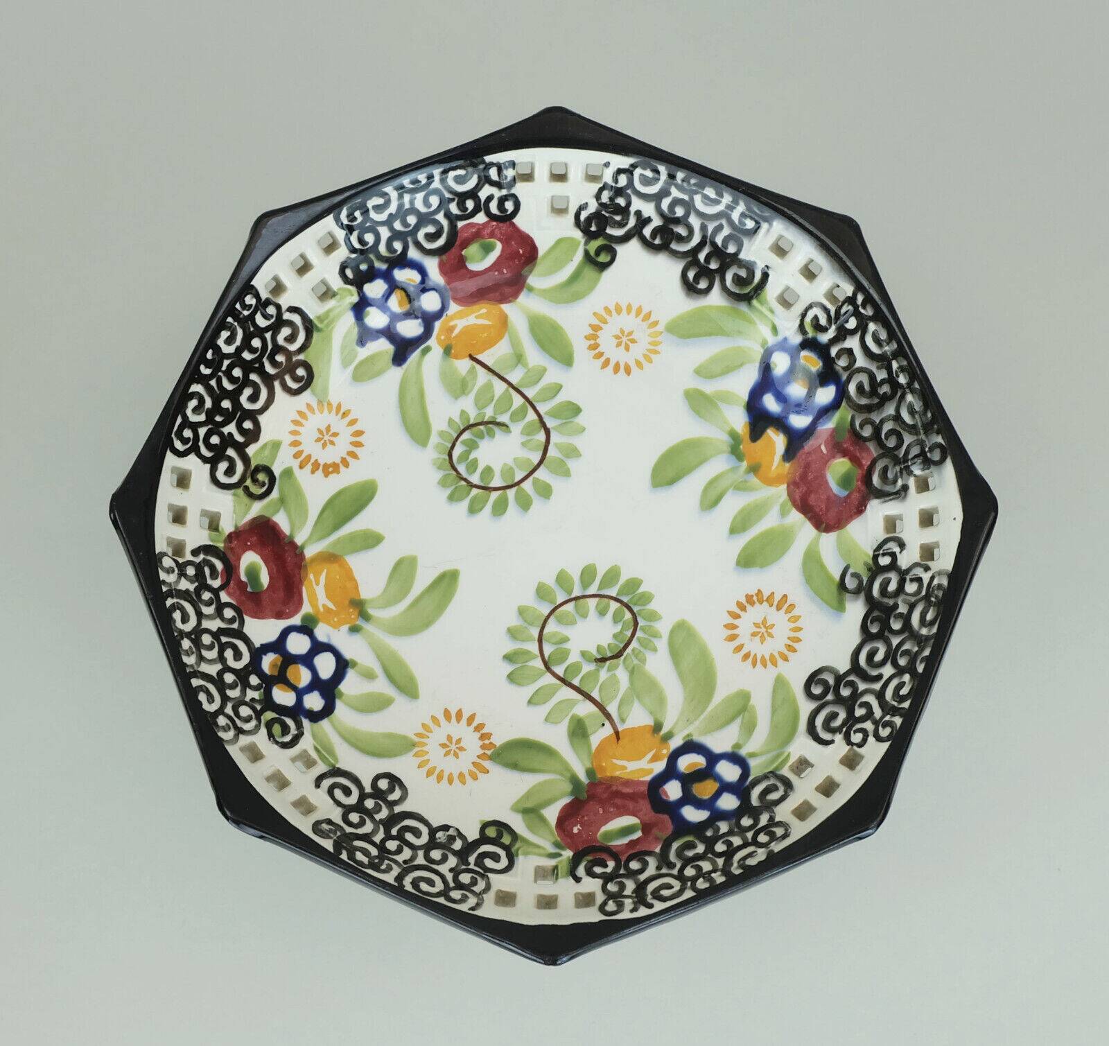 octagonal art deco BOWL footed bowl schramberg majolika 1920s hand-painted decor