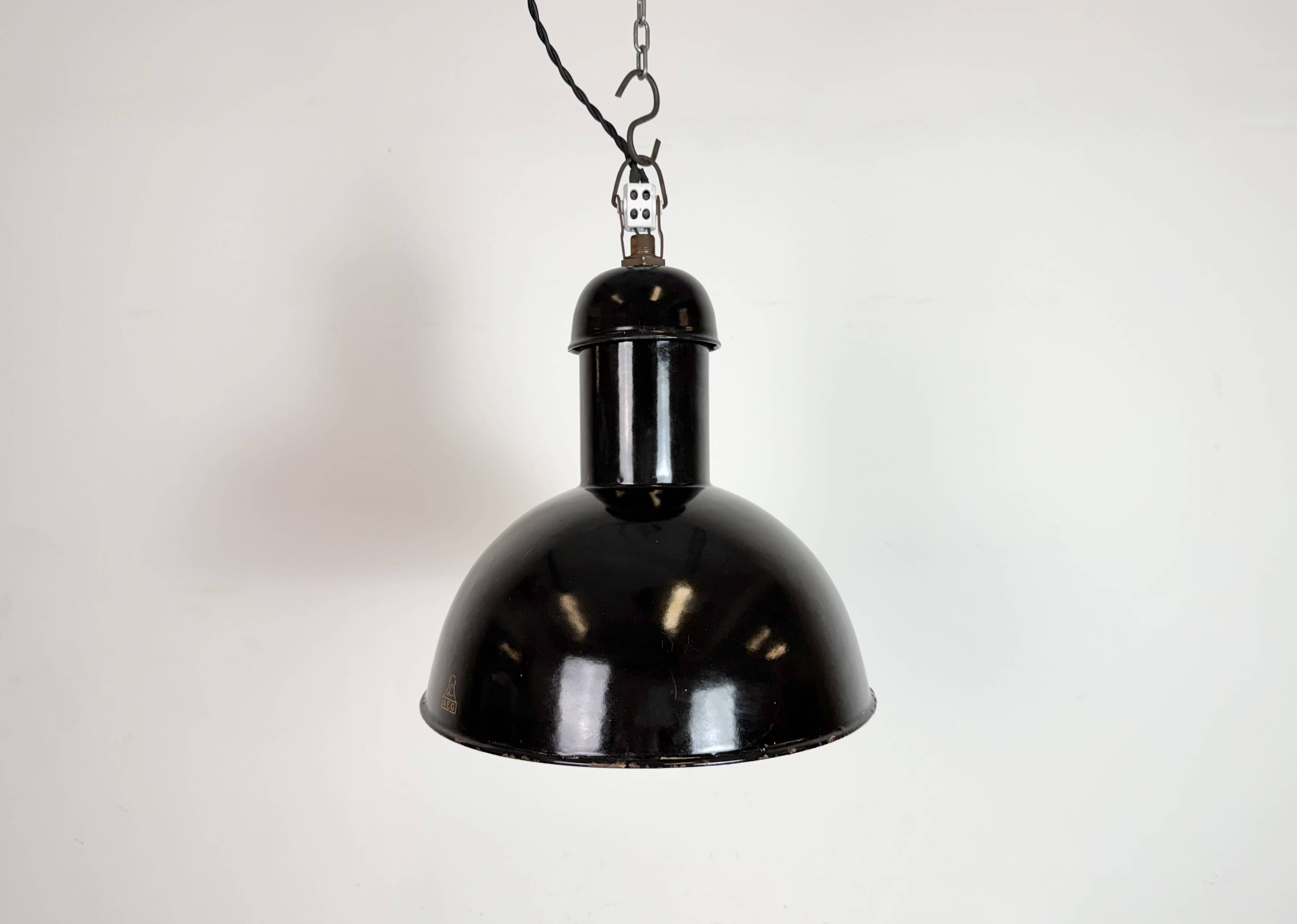 Black Enamel Industrial Pendant Lamp from AEG, 1930s