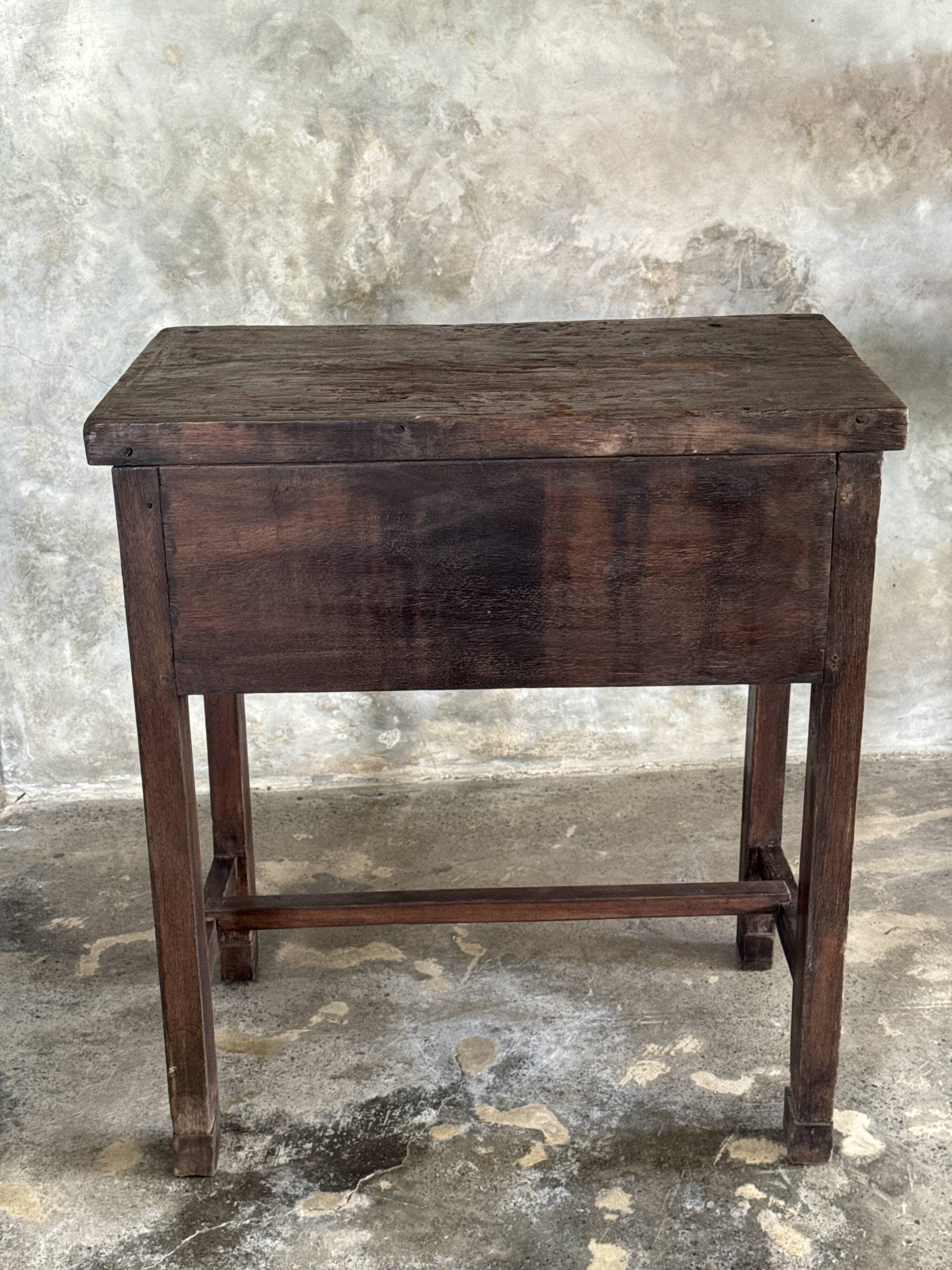Antique Indonesian teak workbench with two drawers and stretcher H89.