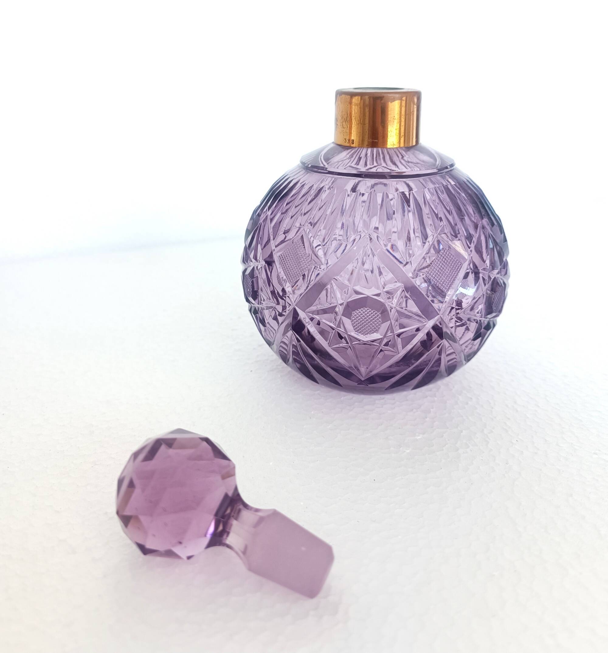 Lilac Hand Cut Crystal Glass And Brass Parfume Bottle, Italy
