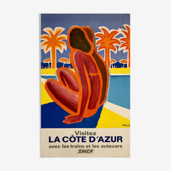 Original poster visit the French Riviera by Bernard Villemot - Signed by the artist - On linen