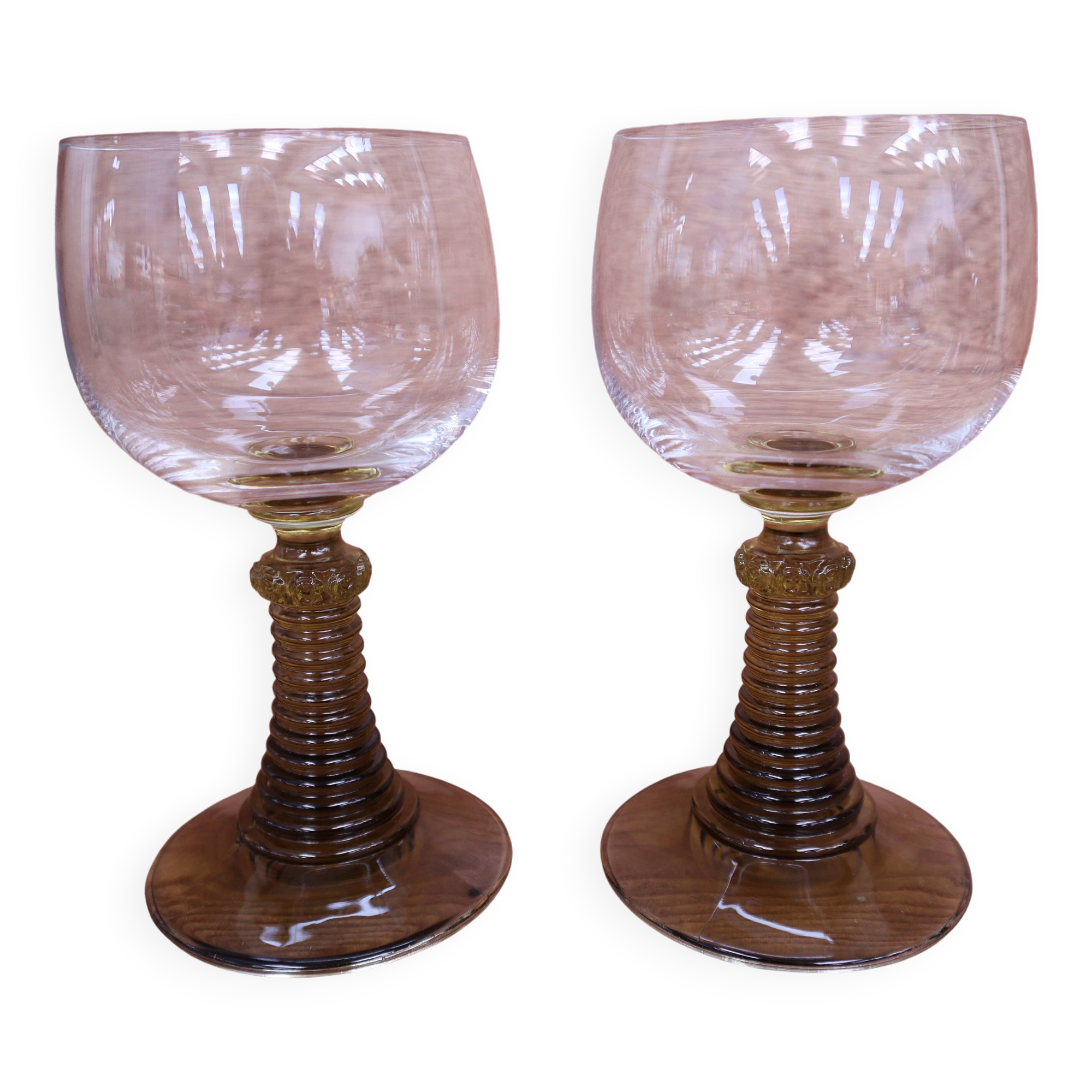 2 Roemer style wine glasses with olive green stem