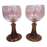 2 Roemer style wine glasses with olive green stem