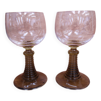 2 Roemer style wine glasses with olive green stem