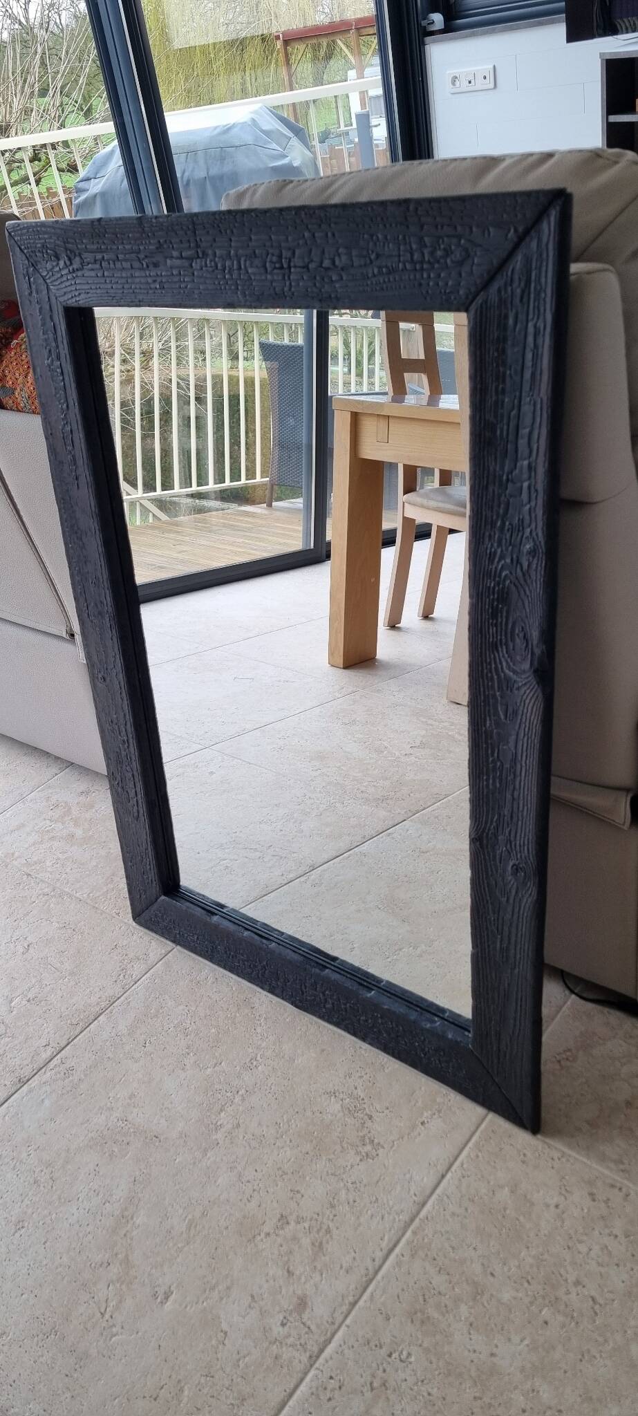 Artisanal Burnt Wood Mirror (108x78 cm) – Industrial / Japandi Style