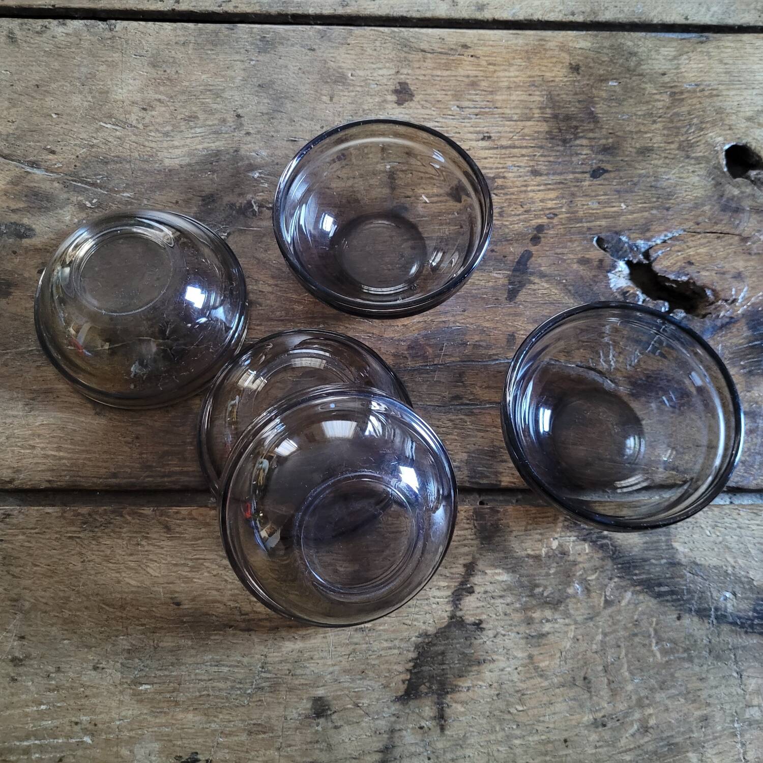 5 Arcoroc smoked bowls, stackable tempered glass, 1970s