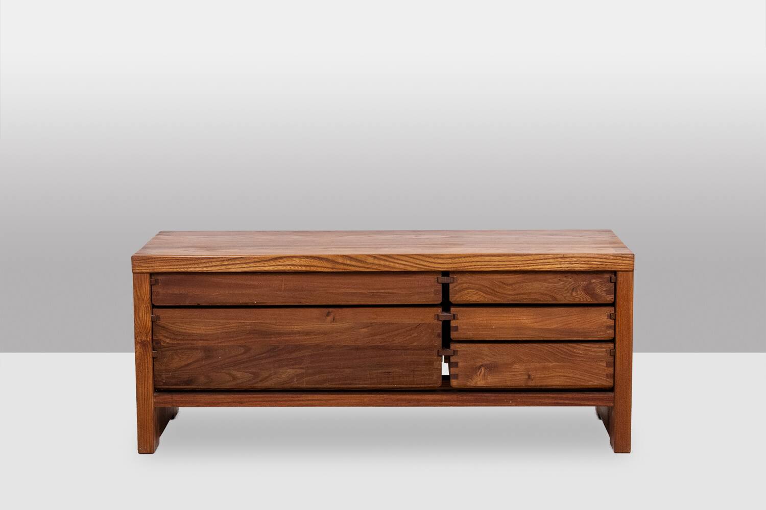Pierre Chapo. Low chest of drawers in blond elm. Circa 1970.