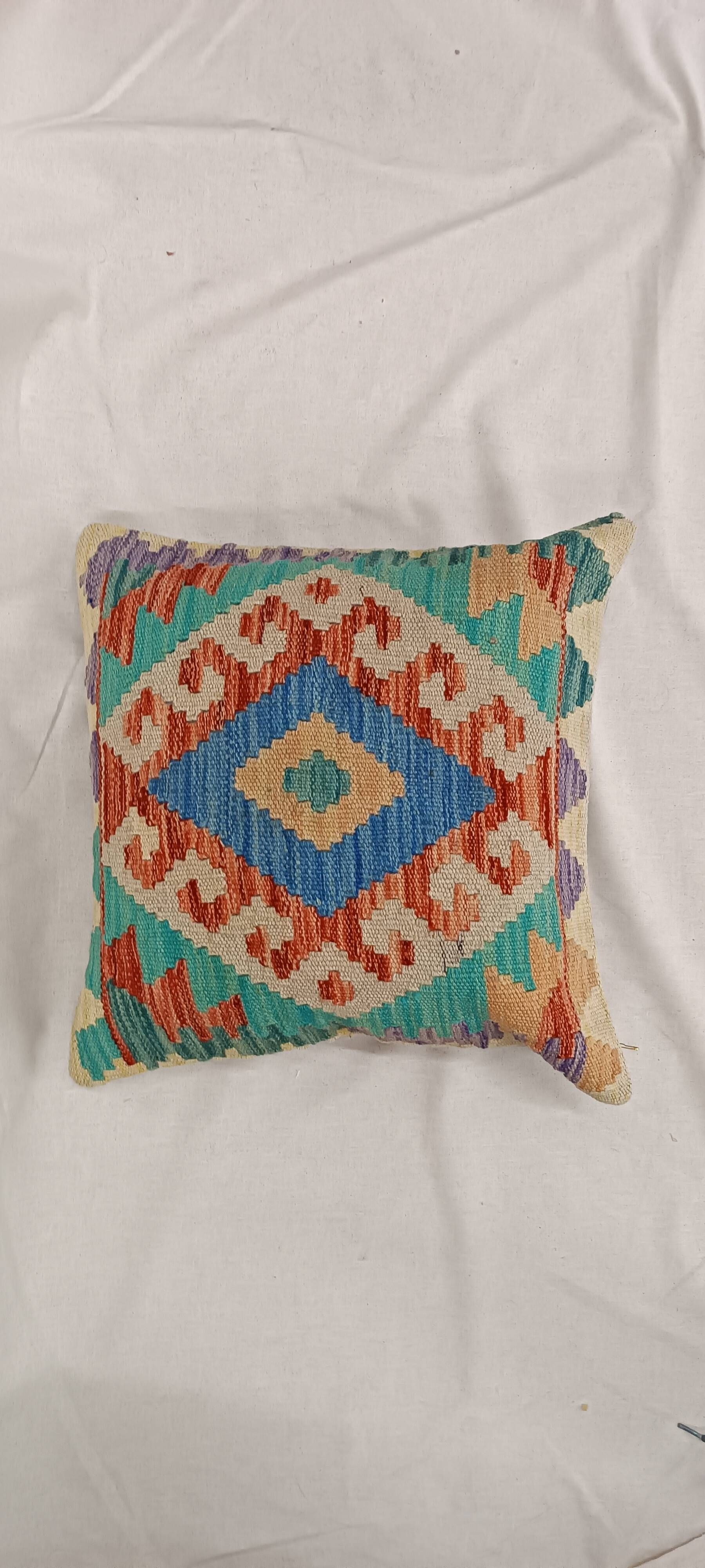 Turquoise Blue Geometric Cushion Cover, Vintage Wool Kilim Pillow Home Decor