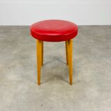 Baumann bistro stool wood and imitation red leather 60s