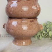 6 vintage lion head onion soup bowls – speckled beige stoneware