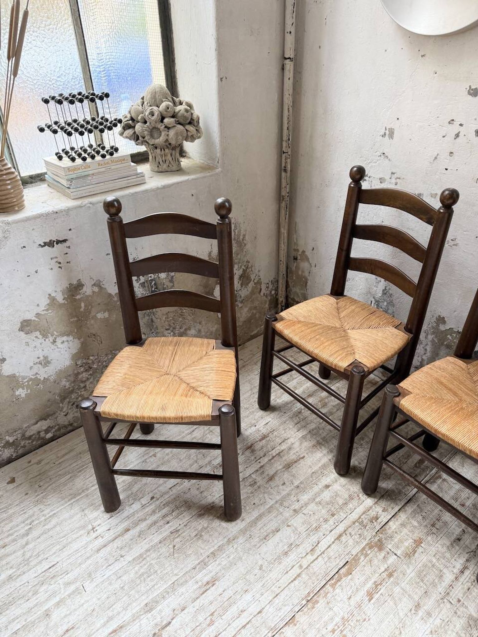Straw chairs oak 1940s Dudouyt