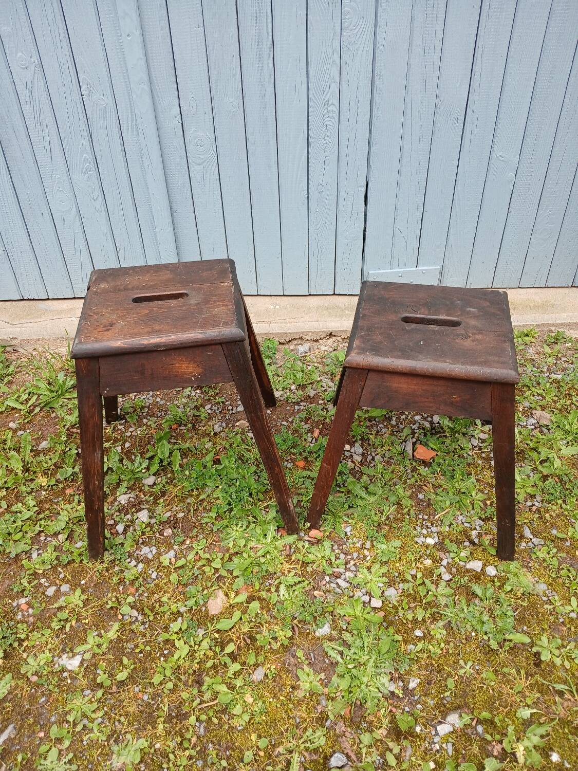 2 antique wooden workshop stools