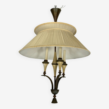 Mid-Century brass chandelier with fabric lampshade. Italy 1950s