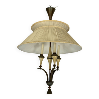 Mid-Century brass chandelier with fabric lampshade. Italy 1950s