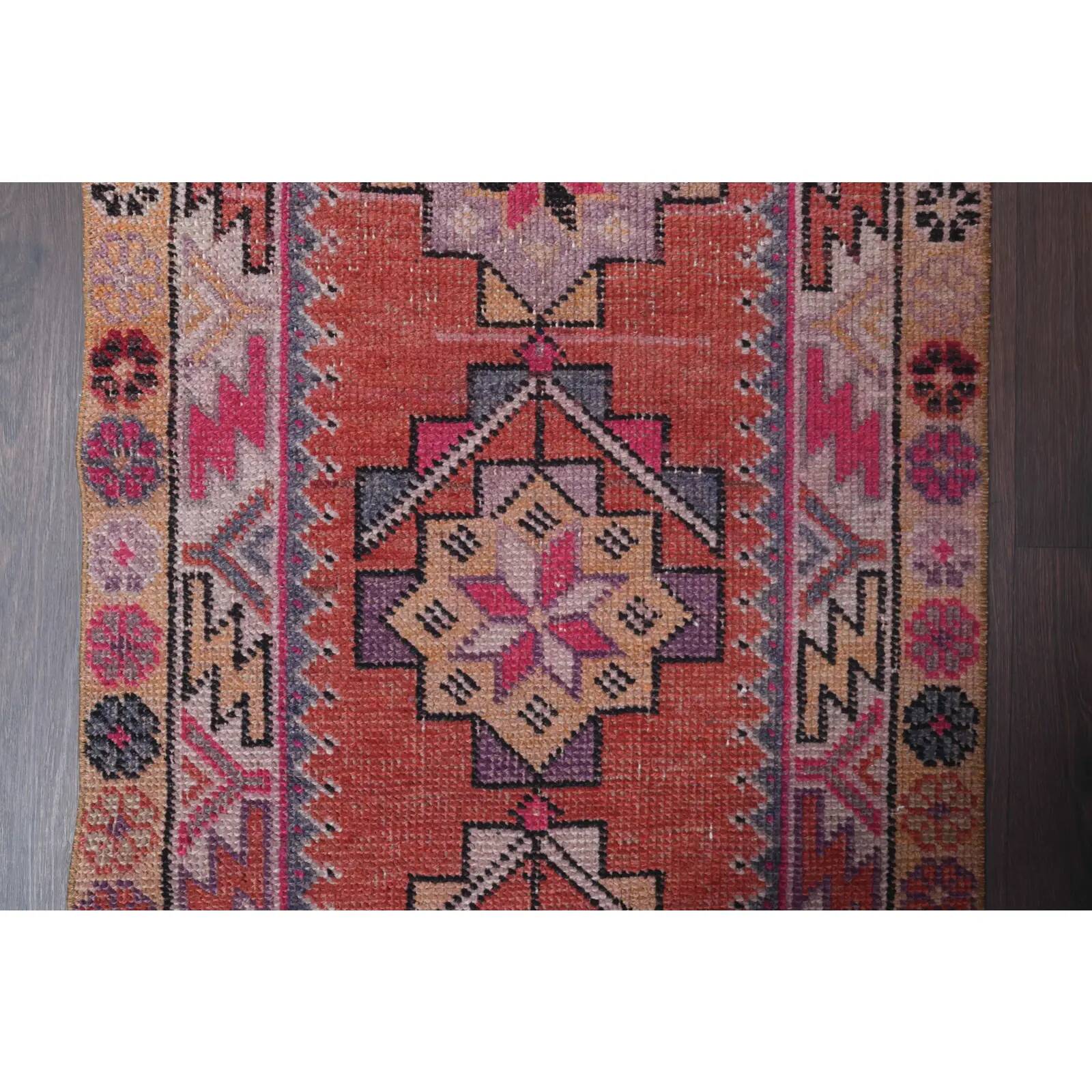 Vintage Turkish hand-knotted wool cotton red runner rug 83x362