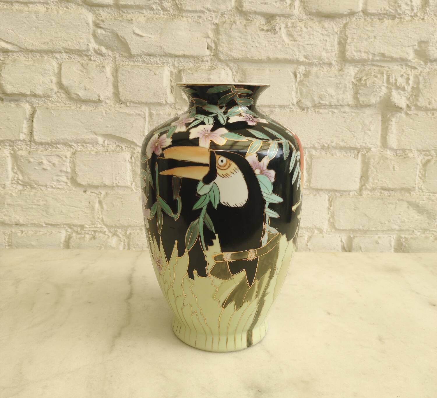 Large Toucan vase "Jungle" in glazed porcelain