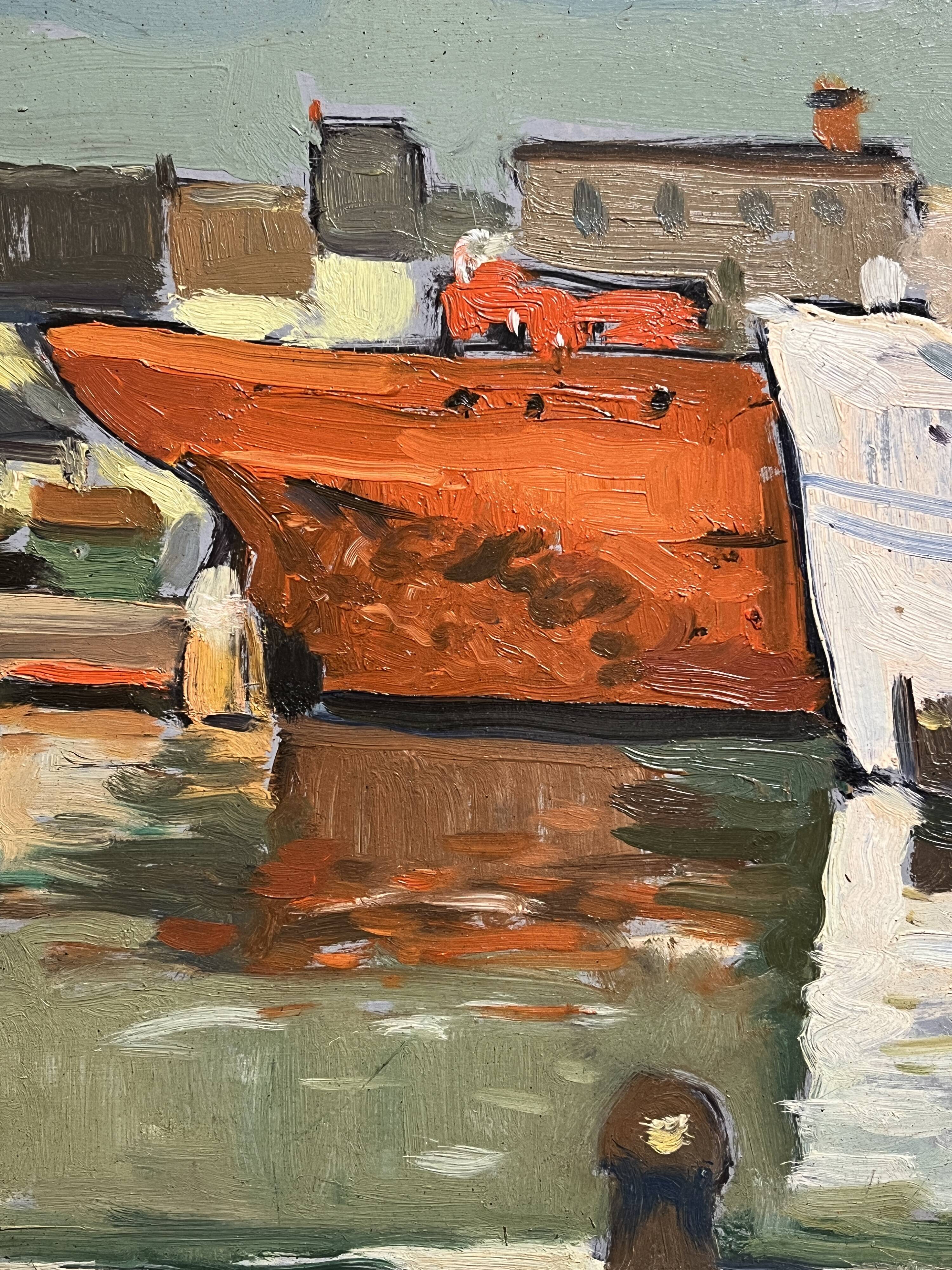 Oil on panel Boats in the port frame 20th century