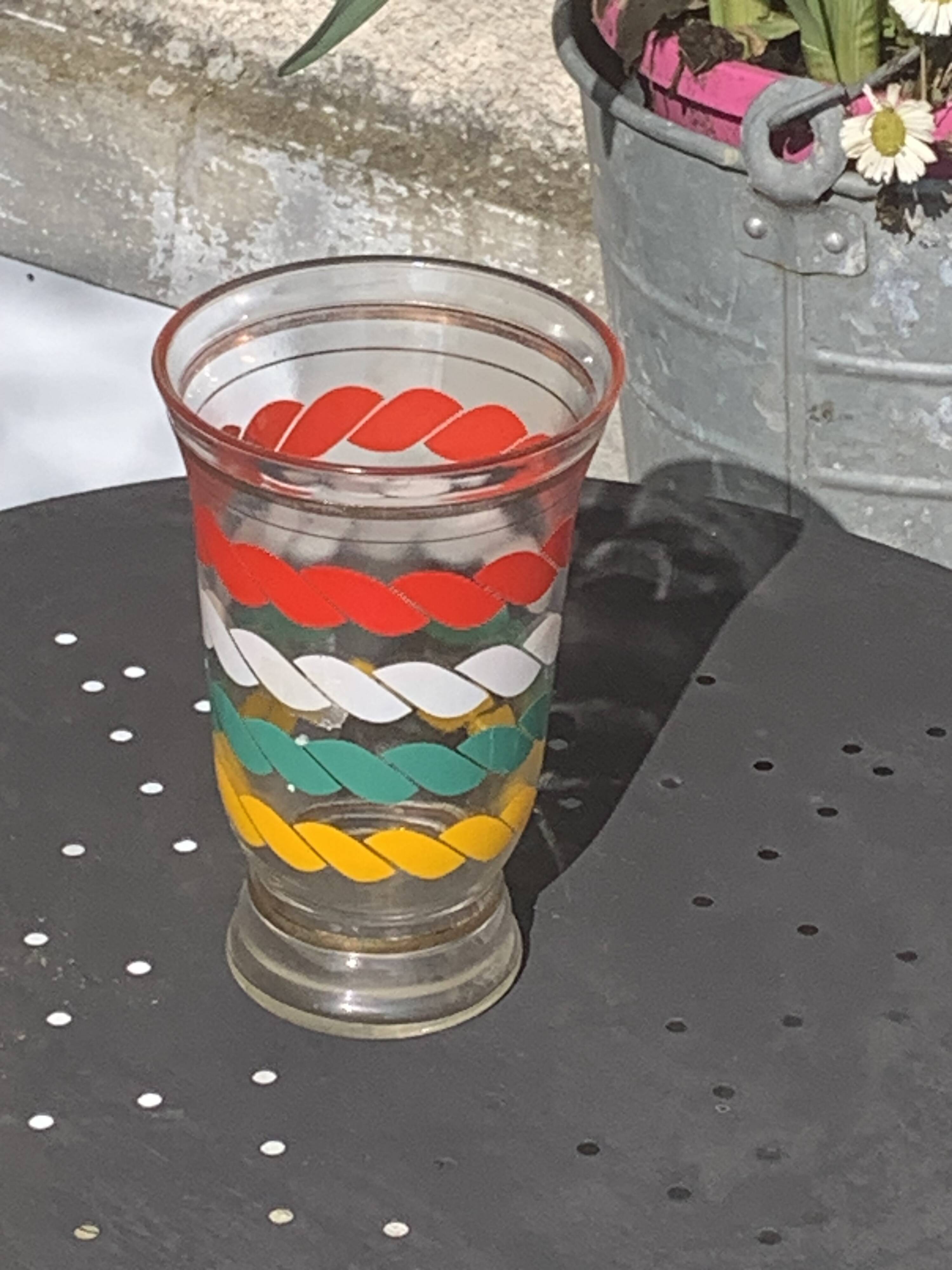 Transparent and gold glass vase and red, white, green and yellow silkscreen lines vintage 1960