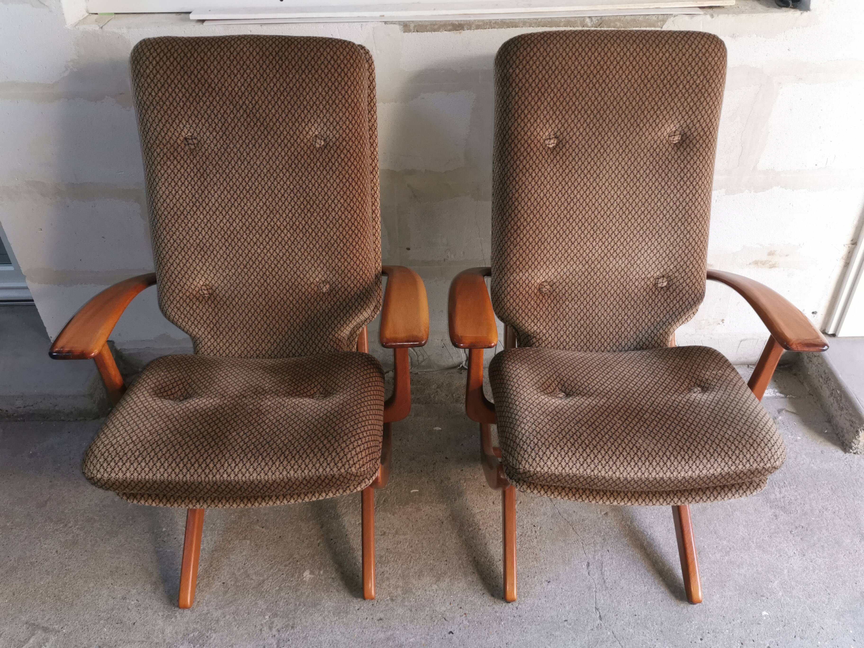 Pair of vintage Scandinavian style relaxation armchairs, adjustable tilt