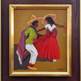 Mid-Century Modern "Mexican Dancers" Swedish Figurative Oil Painting, Framed