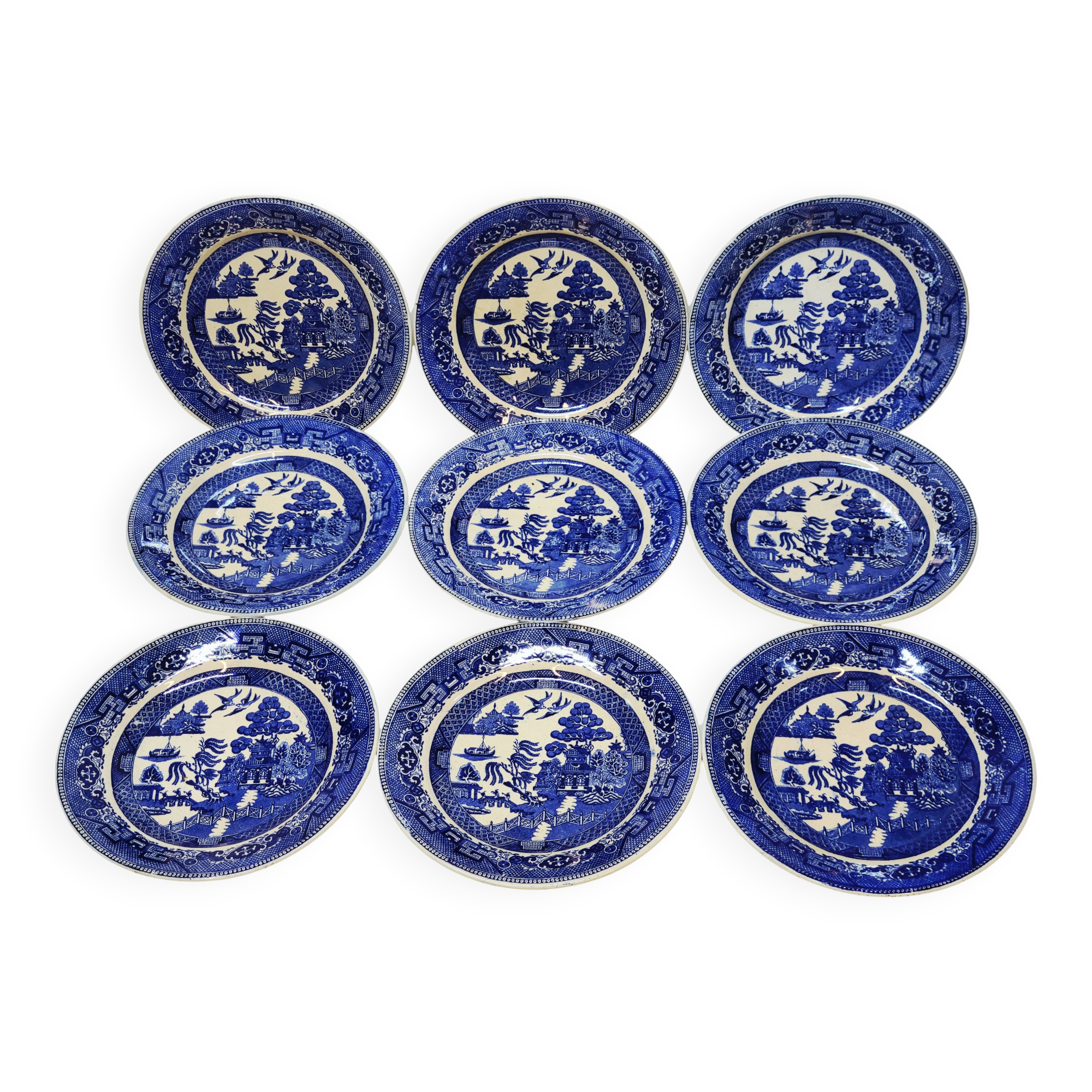 9 Antique Plates 19th Century Blue Willow Pattern Chinese Blue Decor