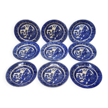 9 Assiettes Anciennes XIXème Siècle Blue Willow Pattern Décor Chinois Bleu