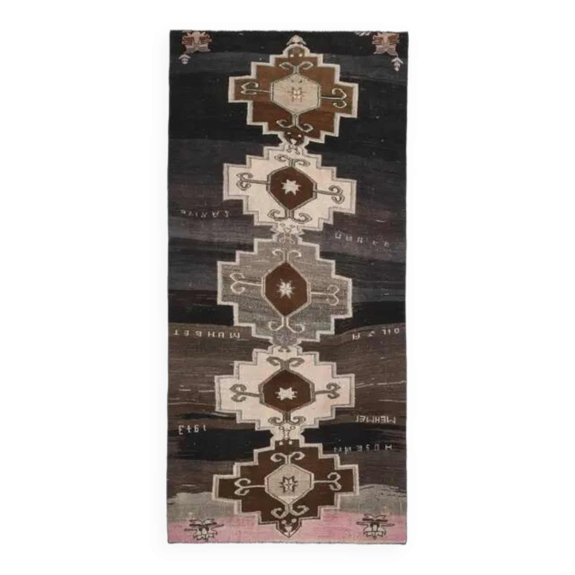1970s Turkish Hand-Knotted Wool Cotton Brown Runner Rug 149x320