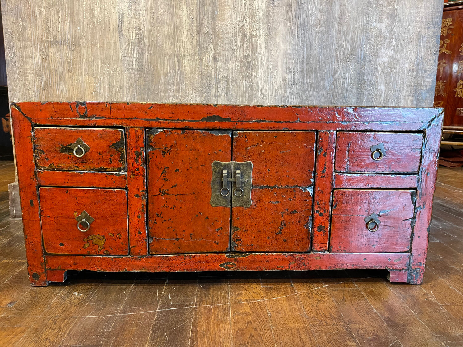 Chinese antique low cabinet 4 drawers + 2 doors