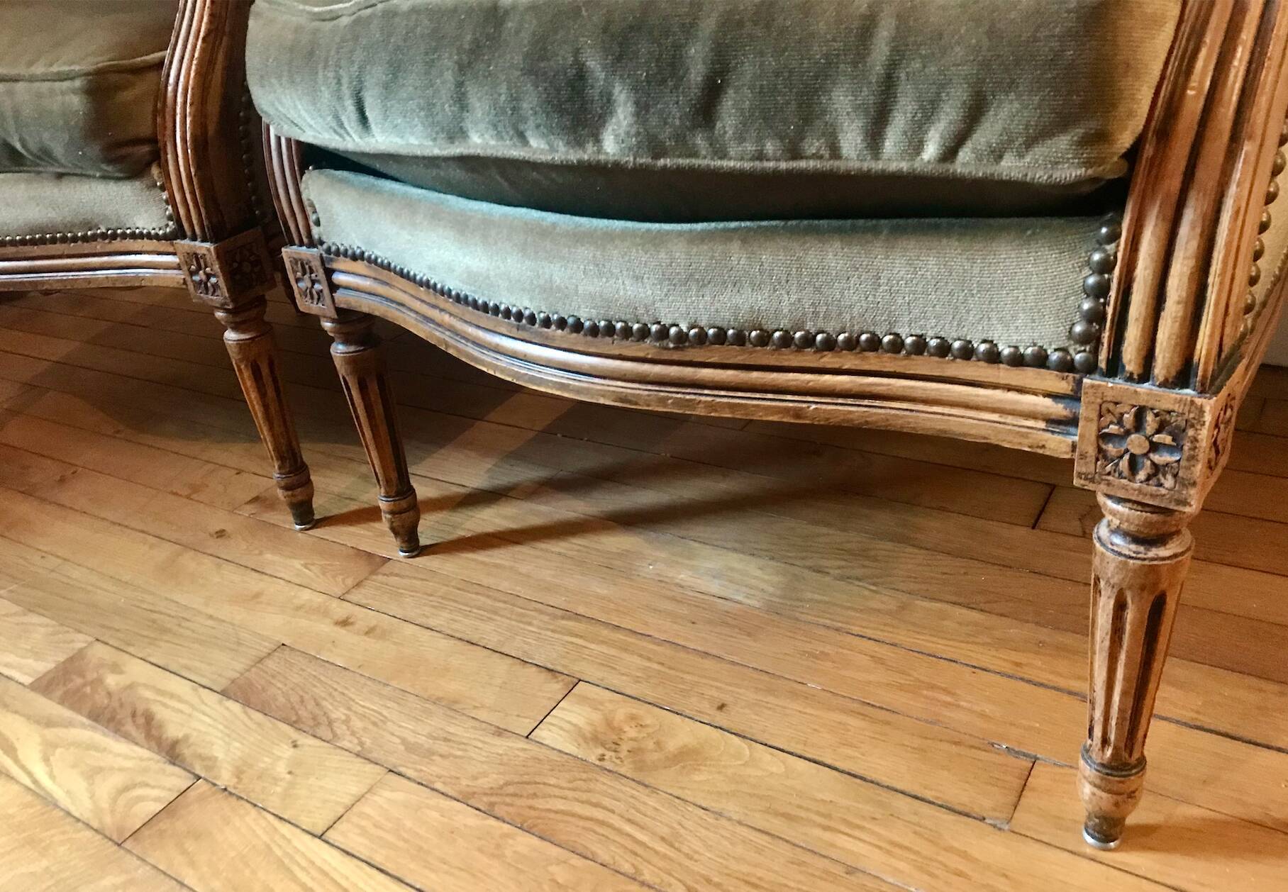 Velvet bergère chairs