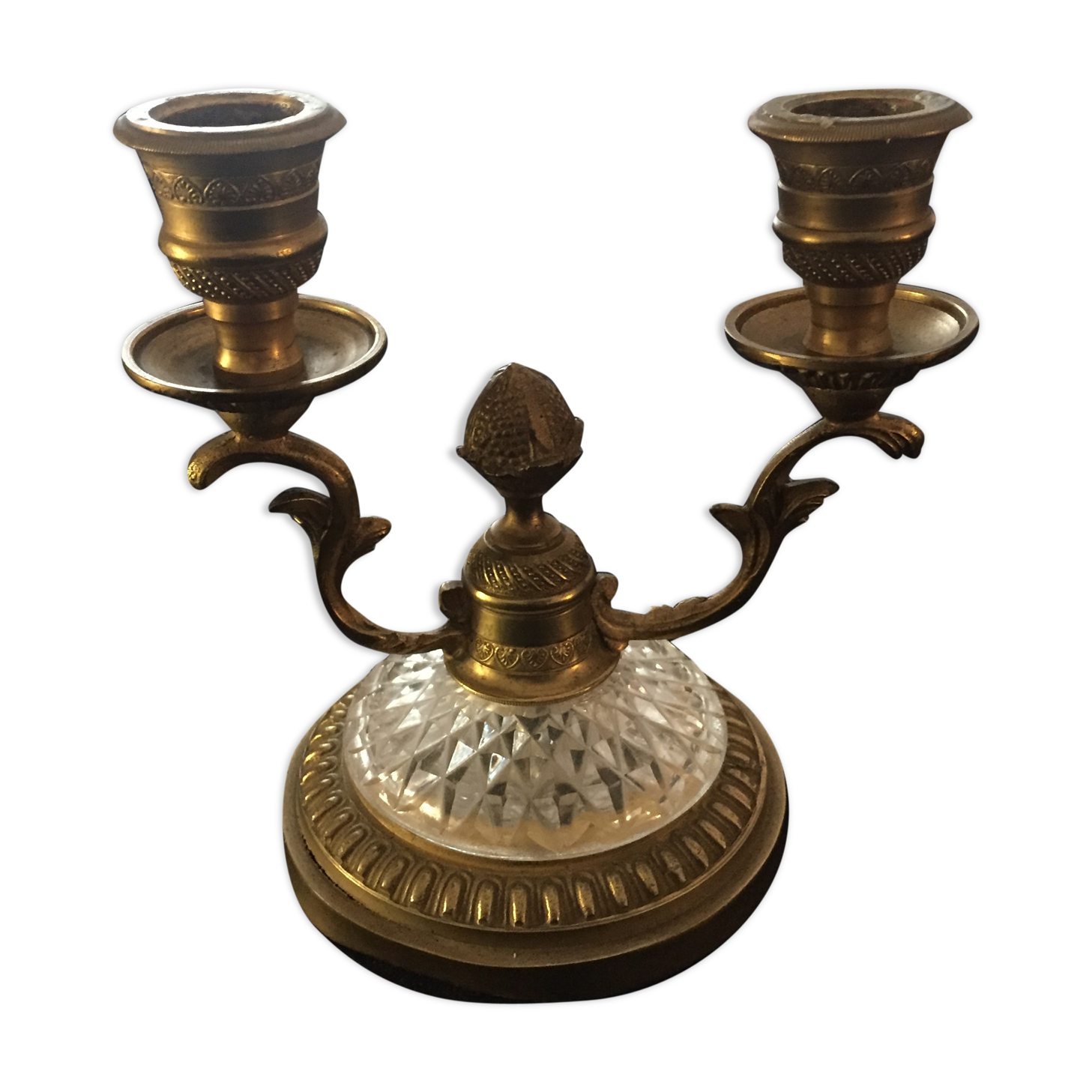 Double bronze and glass double candlestick